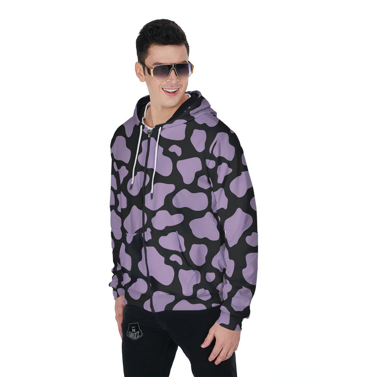 Purple And Black Cow Print Men's Zip Up Hoodie-grizzshop