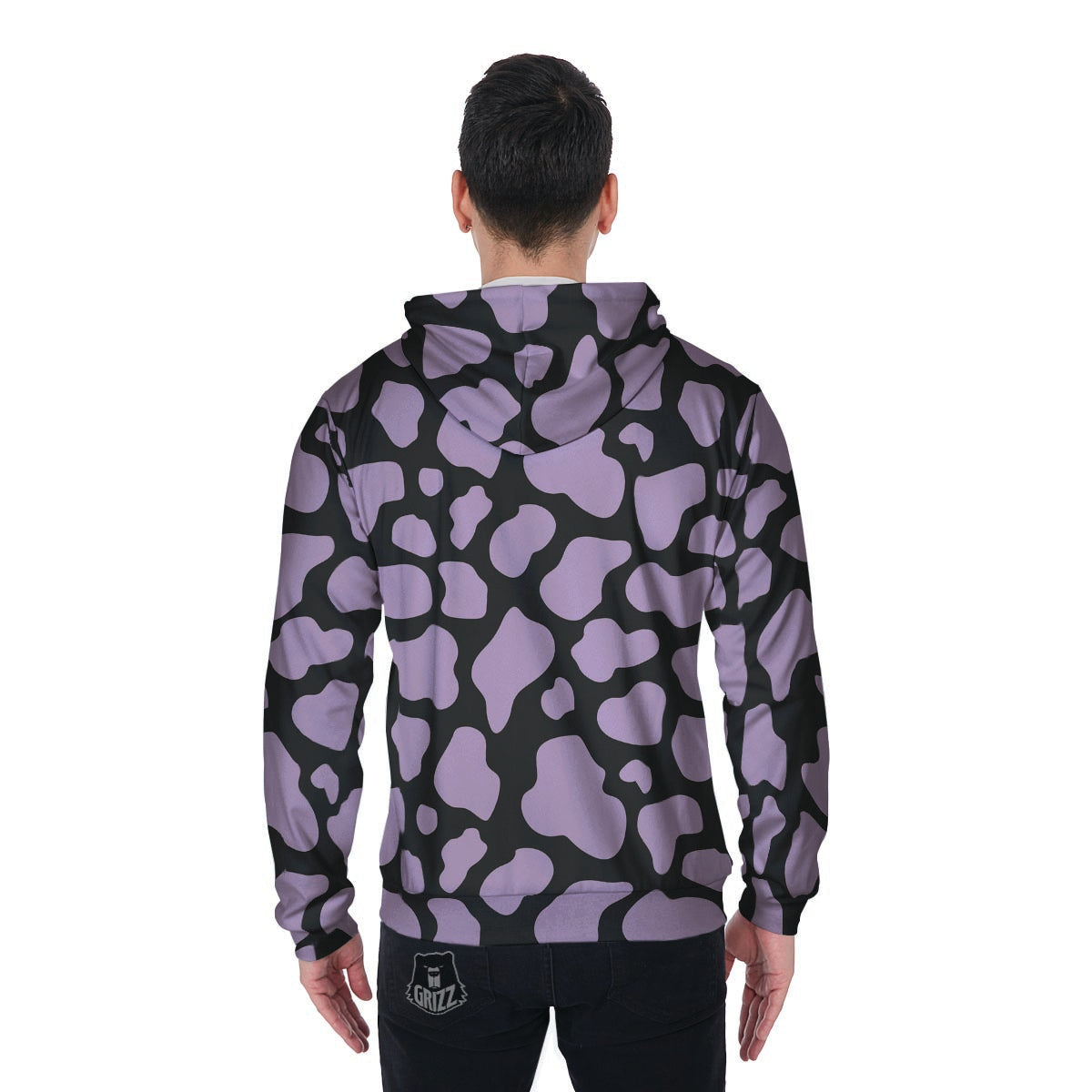 Purple And Black Cow Print Men's Zip Up Hoodie-grizzshop
