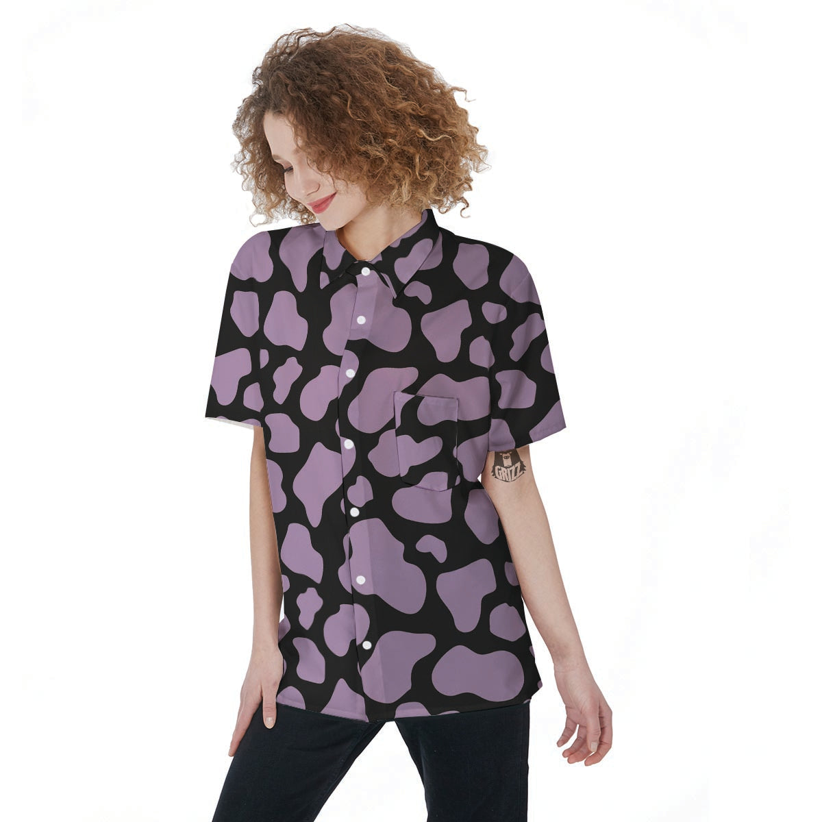 Purple And Black Cow Print Women's Short Sleeve Shirts-grizzshop