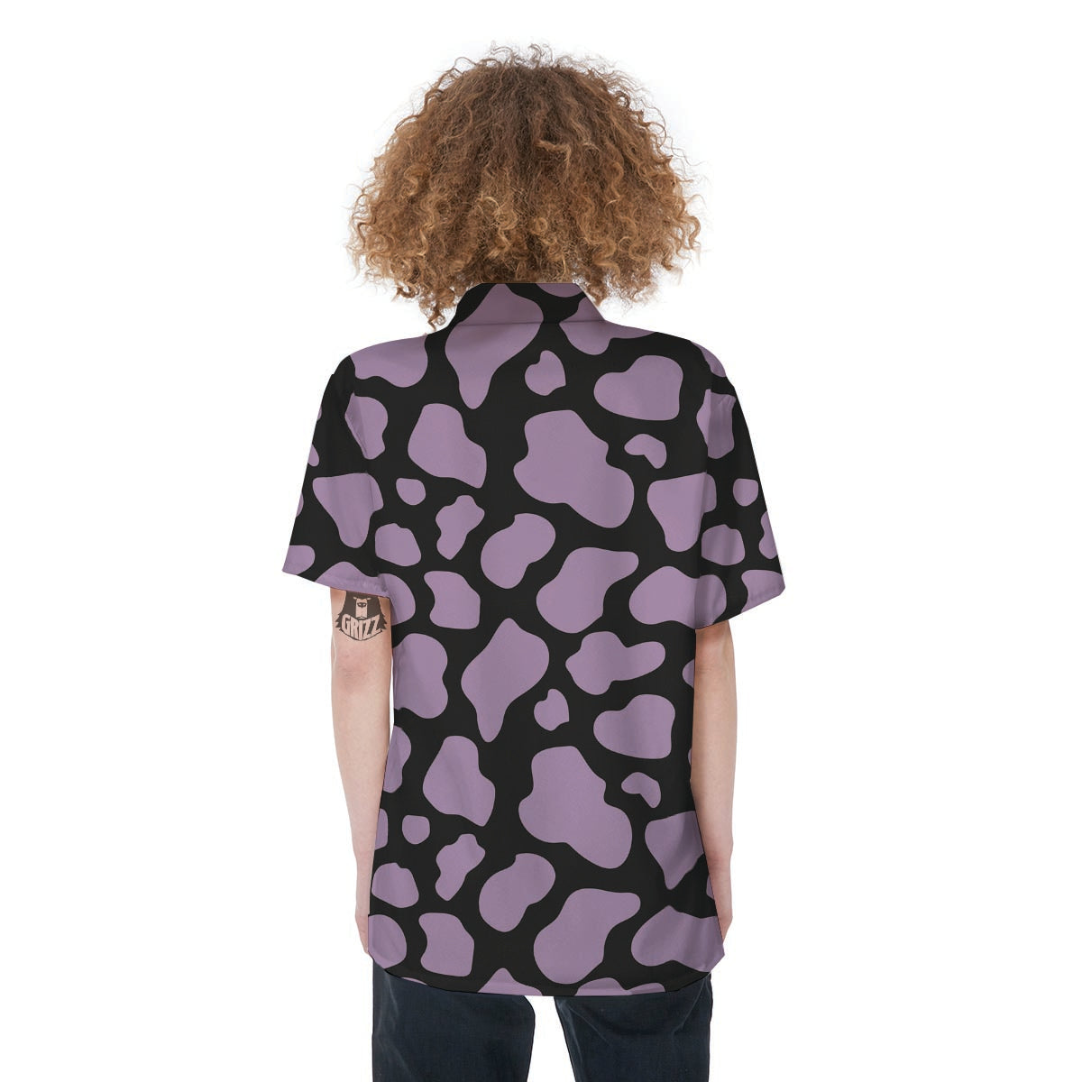 Purple And Black Cow Print Women's Short Sleeve Shirts-grizzshop