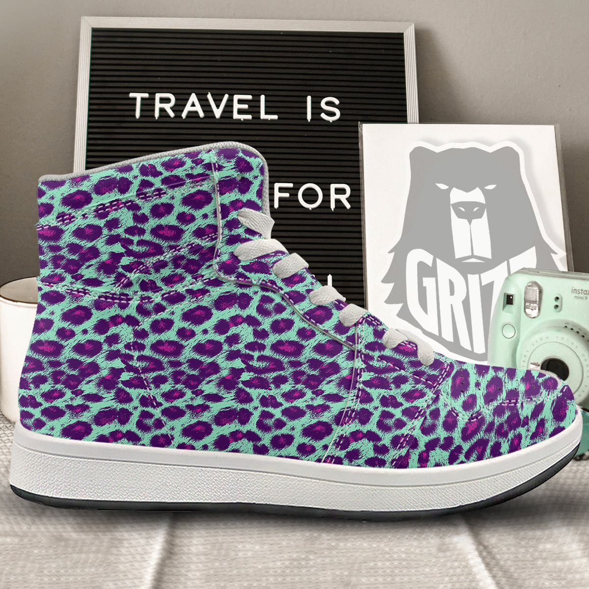 Purple And Blue Neon Leopard Print High Top Sneakers-grizzshop