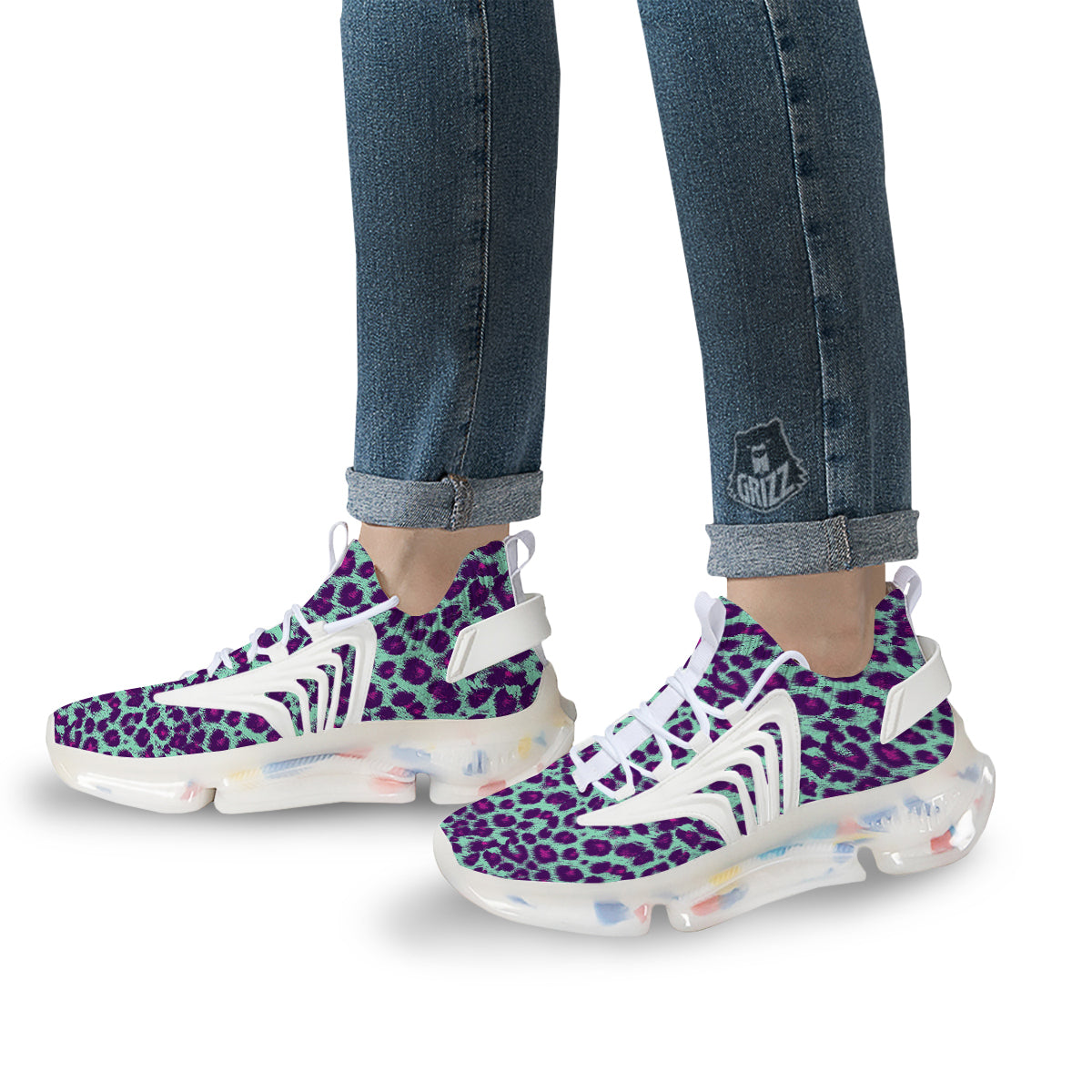 Purple And Blue Neon Leopard Print White Gym Shoes-grizzshop