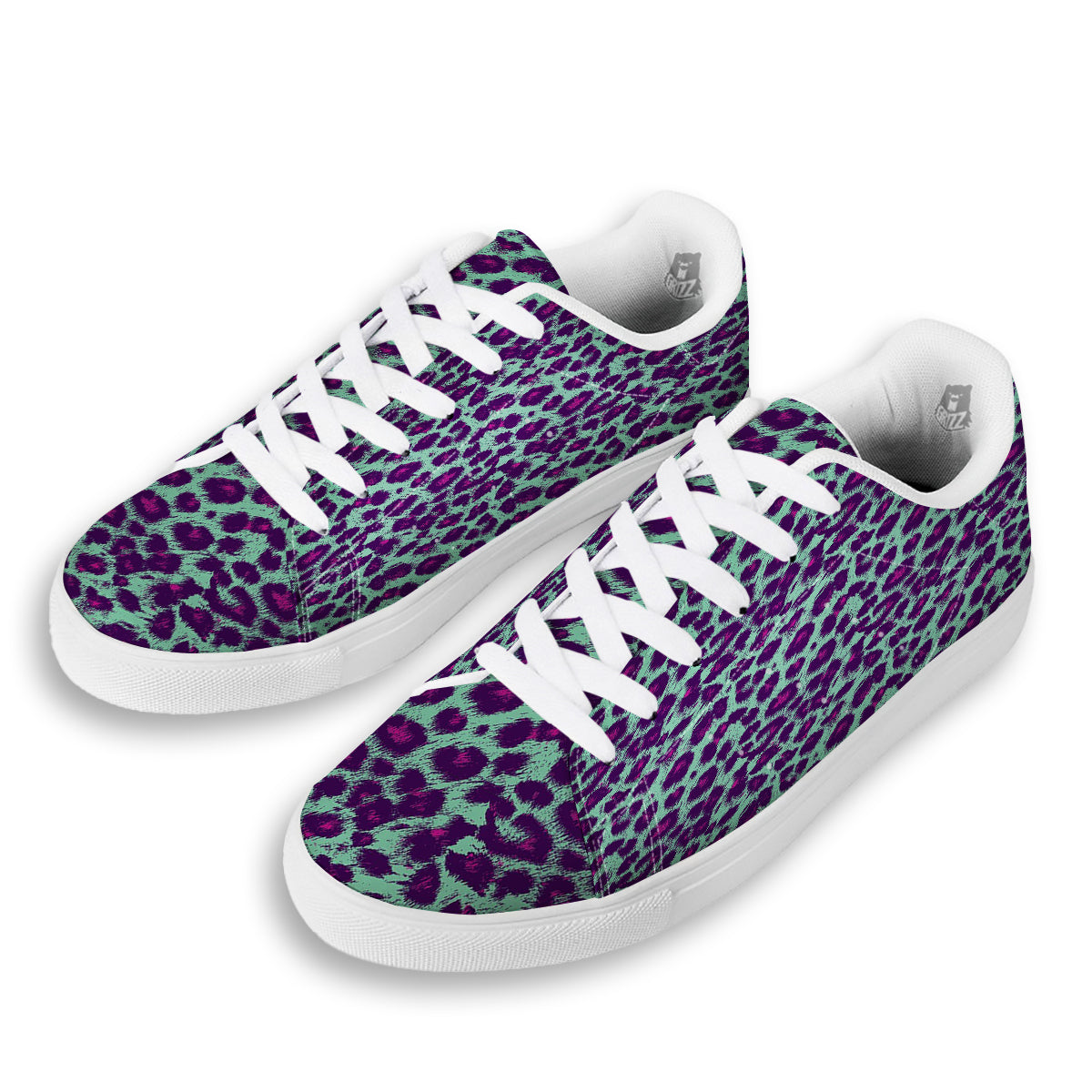 Purple And Blue Neon Leopard Print White Low Top Sneakers-grizzshop