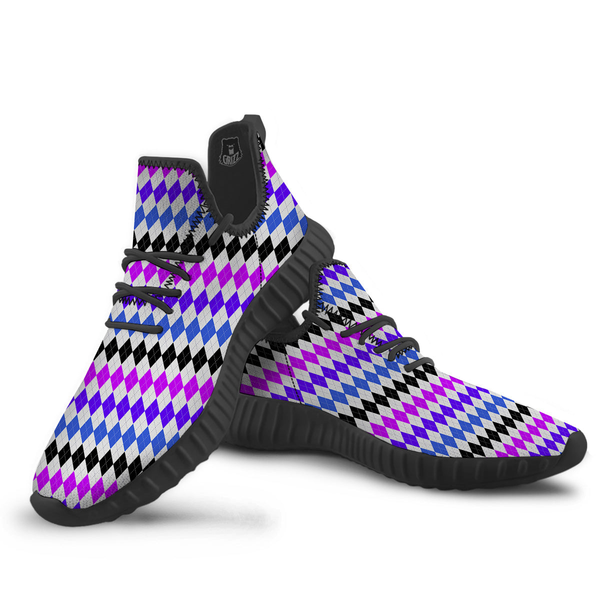 Purple Blue And Black Argyle Print Black Walking Shoes-grizzshop