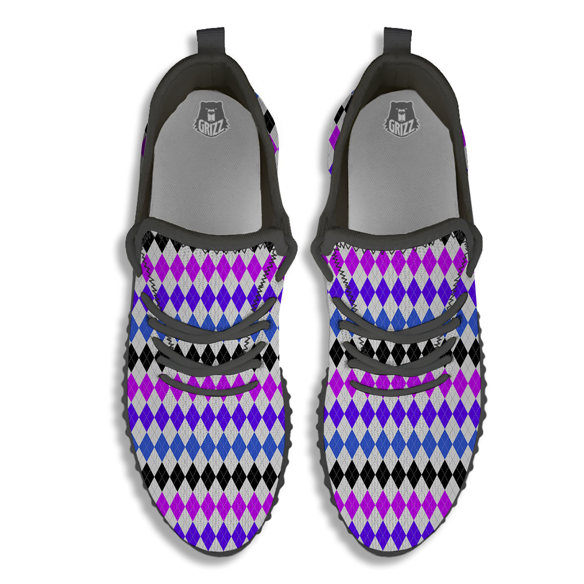 Purple Blue And Black Argyle Print Black Walking Shoes-grizzshop