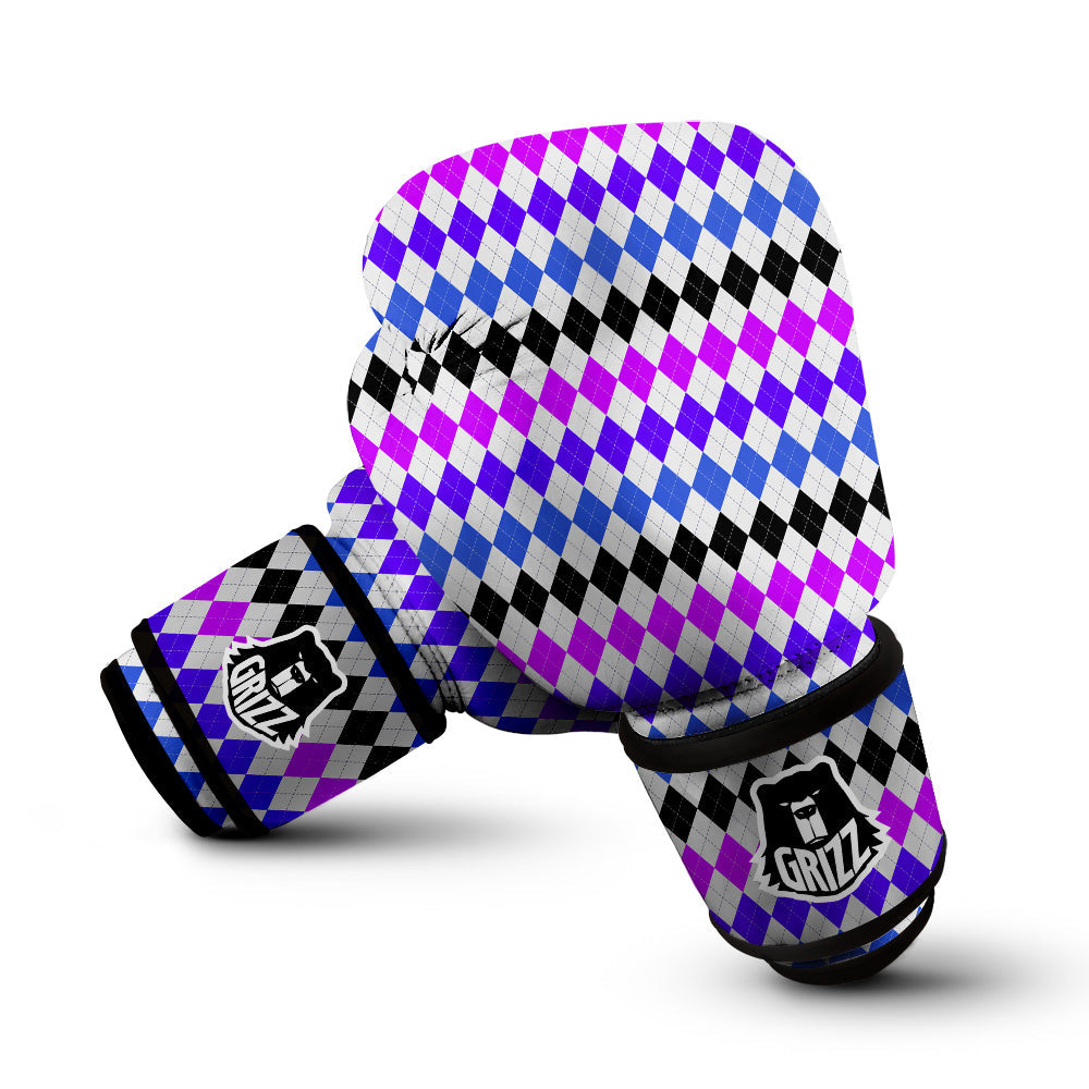 Purple Blue And Black Argyle Print Boxing Gloves-grizzshop