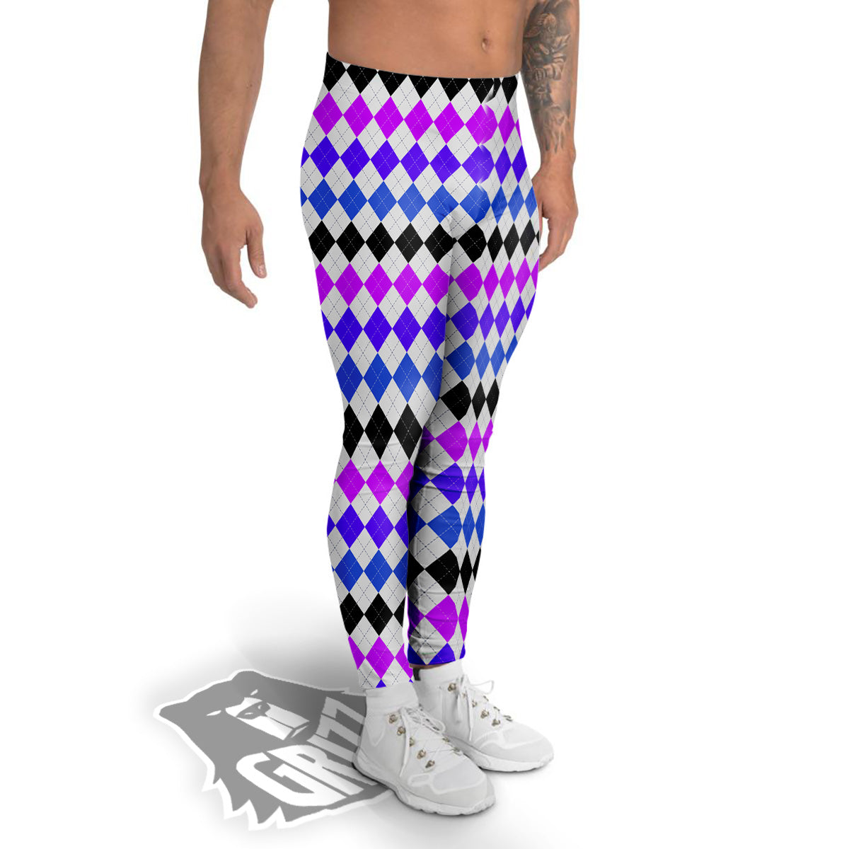 Purple Blue And Black Argyle Print Men's Leggings-grizzshop