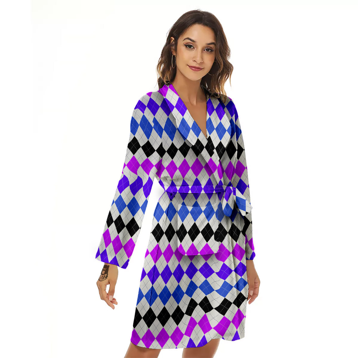 Purple Blue And Black Argyle Print Women's Robe-grizzshop