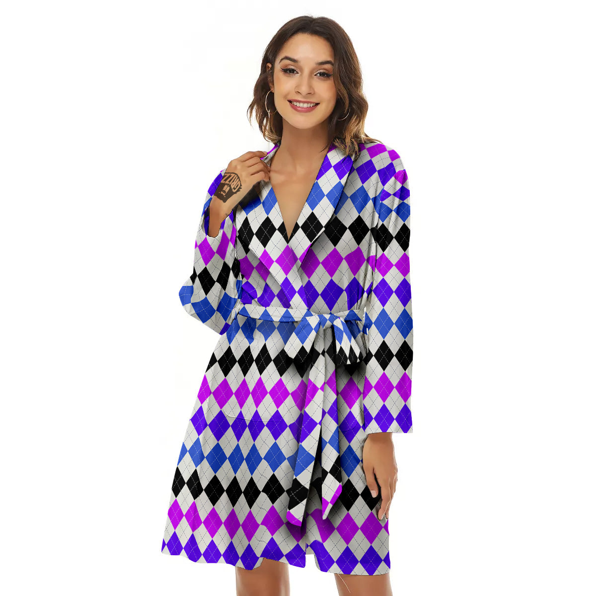 Purple Blue And Black Argyle Print Women's Robe-grizzshop