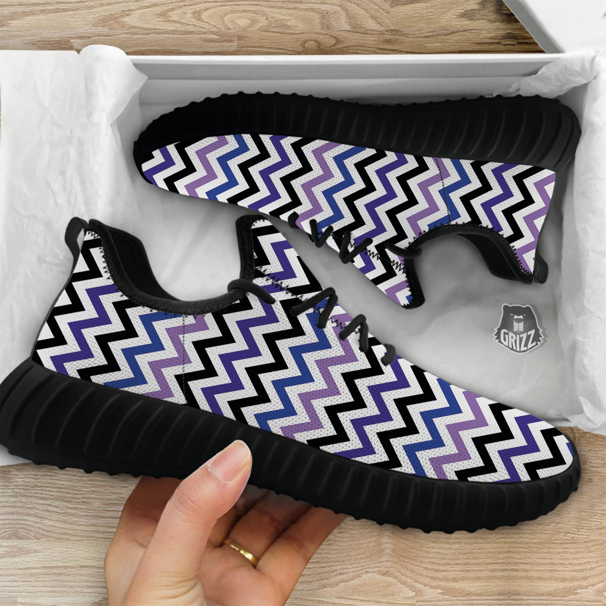 Purple Blue And Black Chevron Print Black Walking Shoes-grizzshop