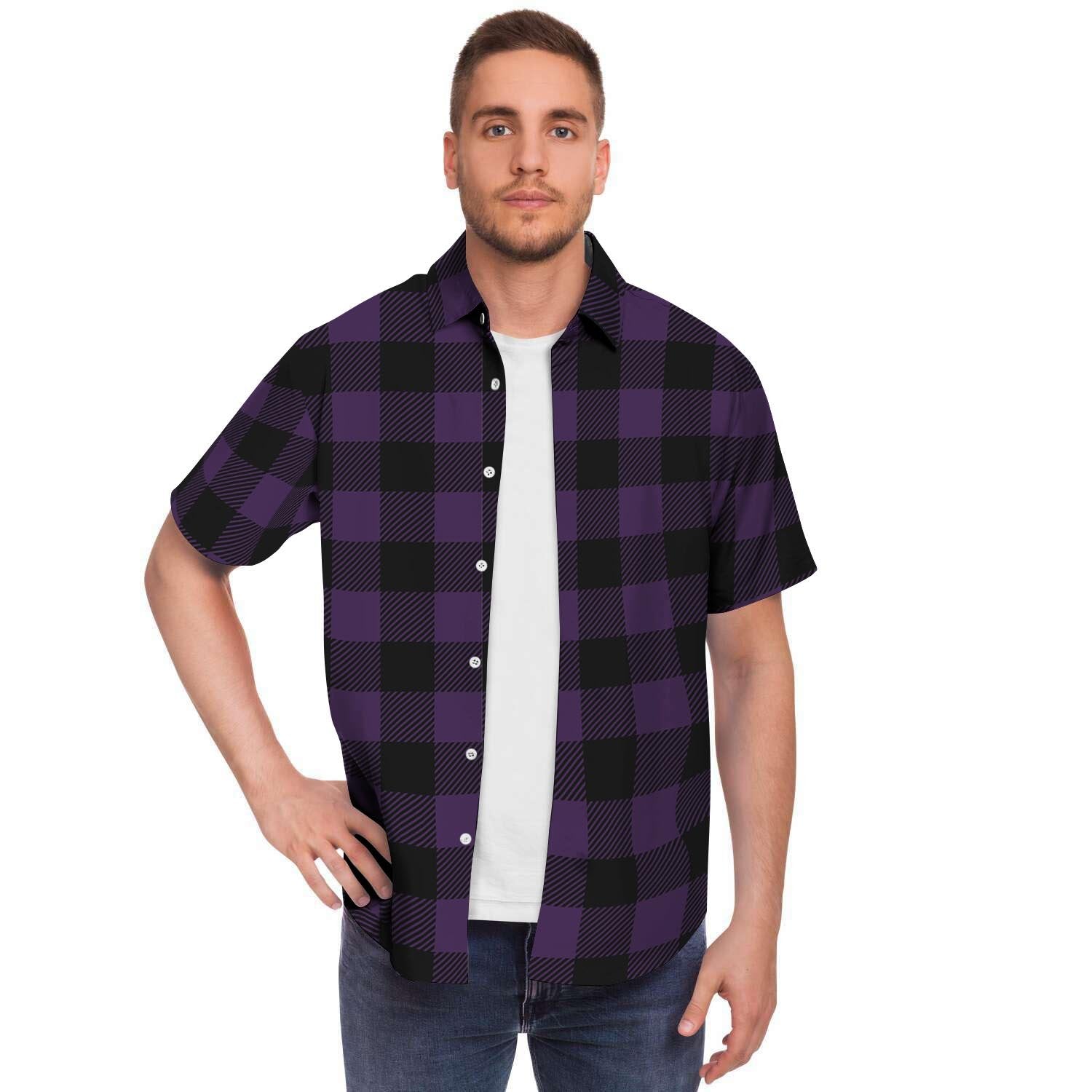 Purple Buffalo Plaid Men's Short Sleeve Shirt-grizzshop