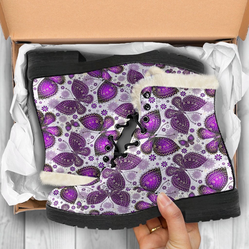 Purple Butterfly Pattern Print Comfy Winter Boots-grizzshop