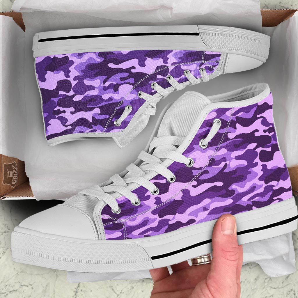 Purple Camo And Camouflage Print White High Top Shoes-grizzshop