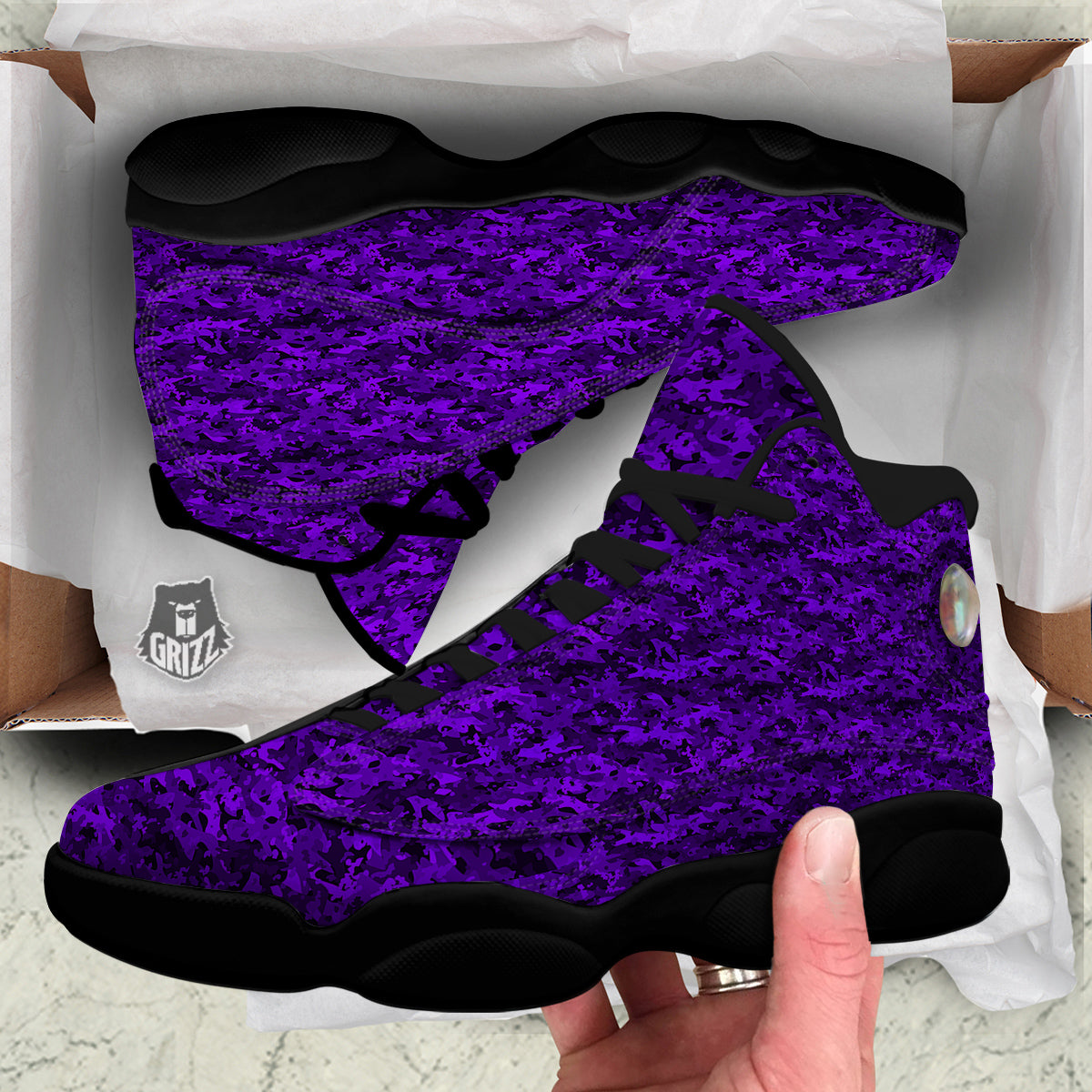 Purple Camouflage Dark Print Black Basketball Shoes-grizzshop