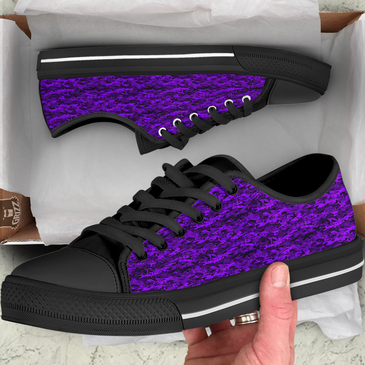 Purple Camouflage Dark Print Black Low Top Shoes-grizzshop