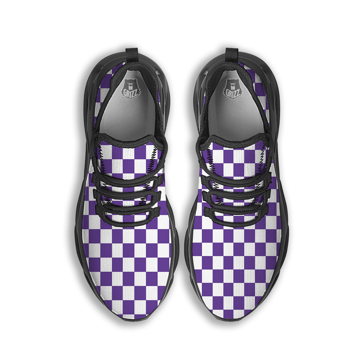 Purple Checkered Flag Print Black Running Shoes-grizzshop