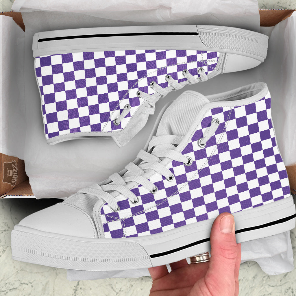 Purple Checkered Flag Print White High Top Shoes-grizzshop