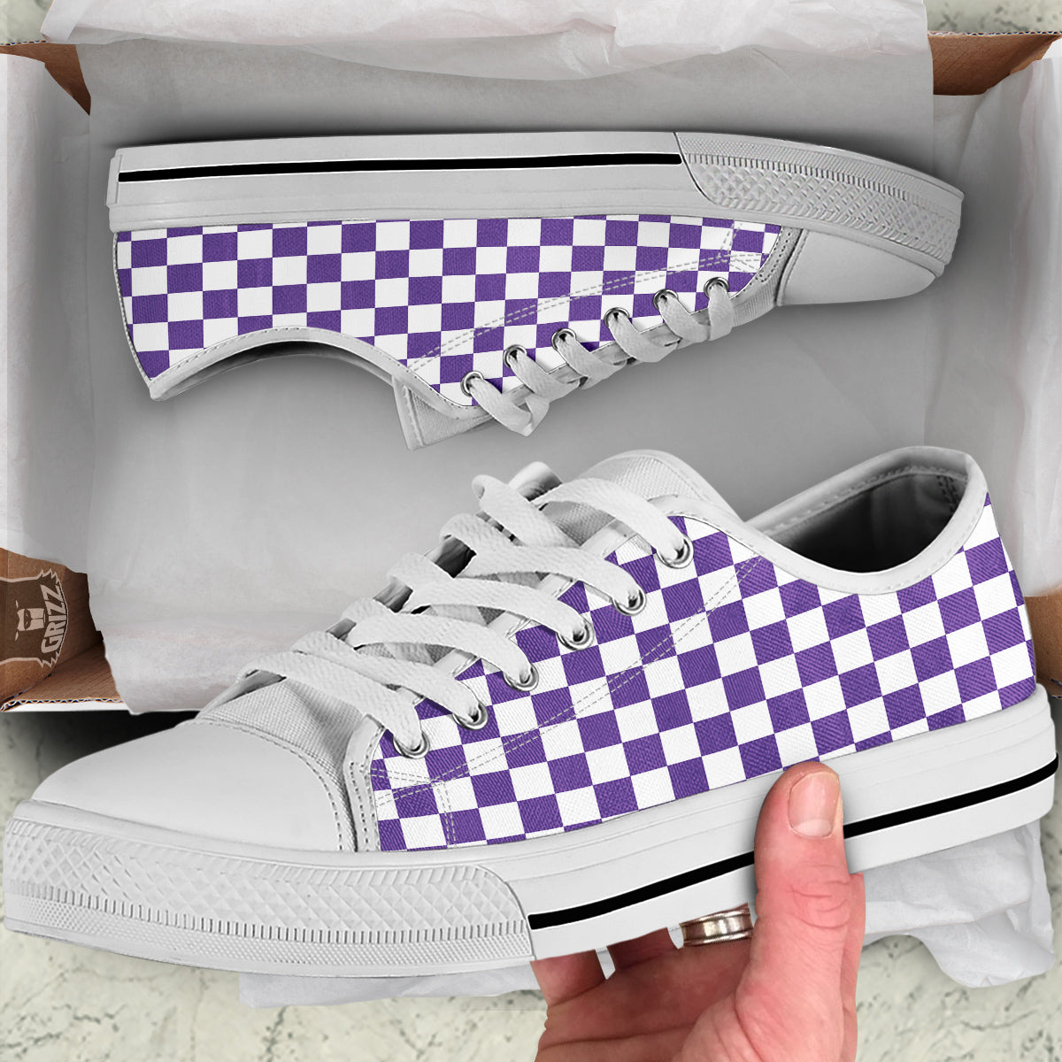 Purple Checkered Flag Print White Low Top Shoes-grizzshop