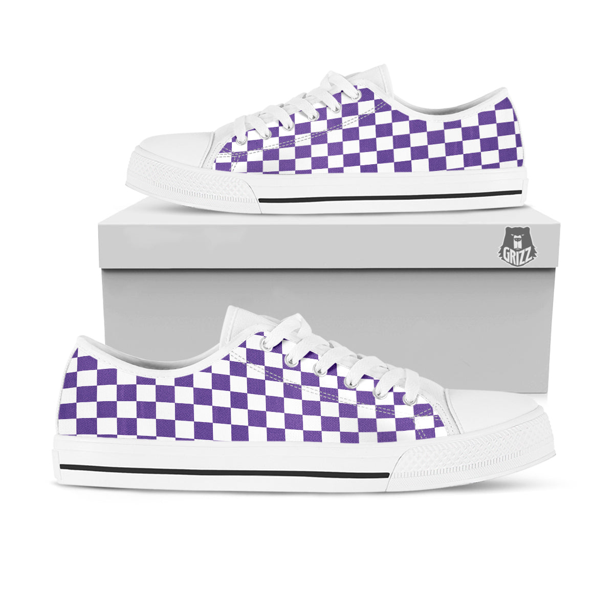 Purple Checkered Flag Print White Low Top Shoes-grizzshop