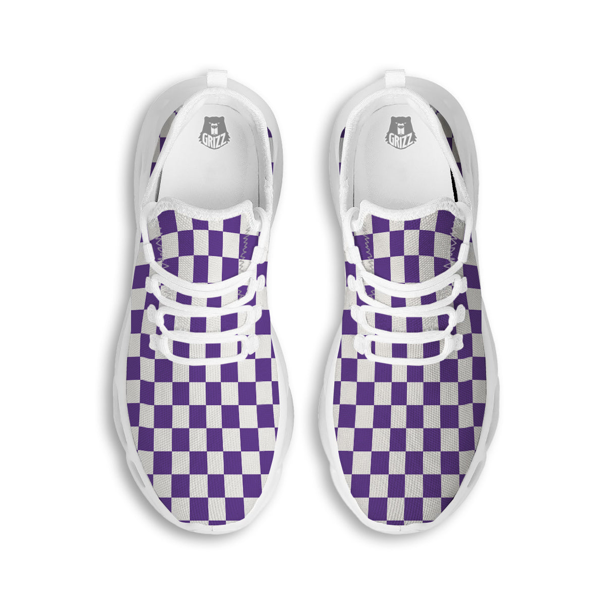 Purple Checkered Flag Print White Running Shoes-grizzshop