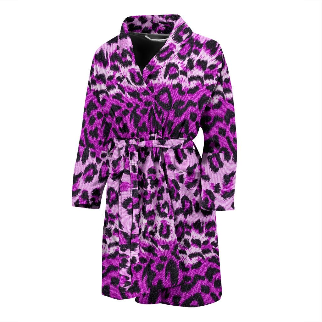 Purple Cheetah Leopard Pattern Print Men Long Robe-grizzshop