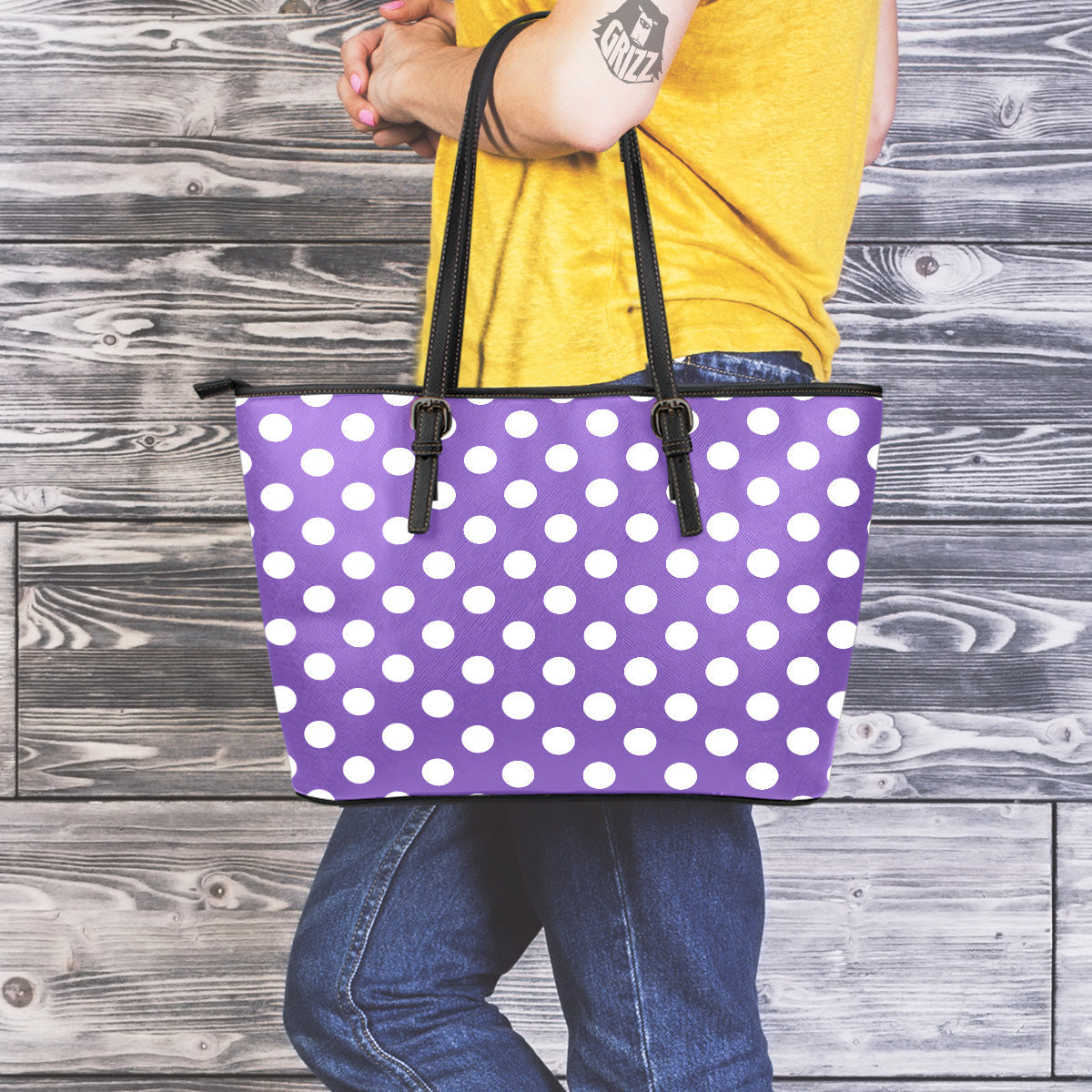 Purple Color Polka Dot Print Pattern Leather Tote Bag-grizzshop