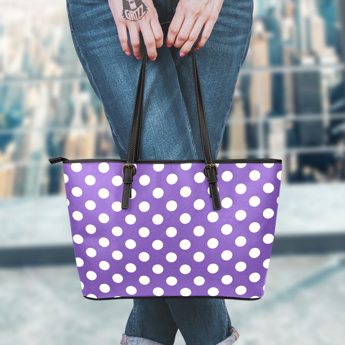 Purple Color Polka Dot Print Pattern Leather Tote Bag-grizzshop