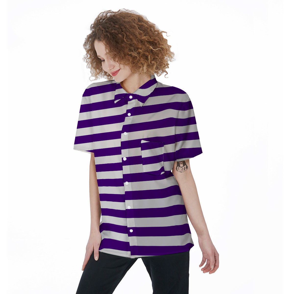 Purple Color Striped Print Women's Short Sleeve Shirts-grizzshop
