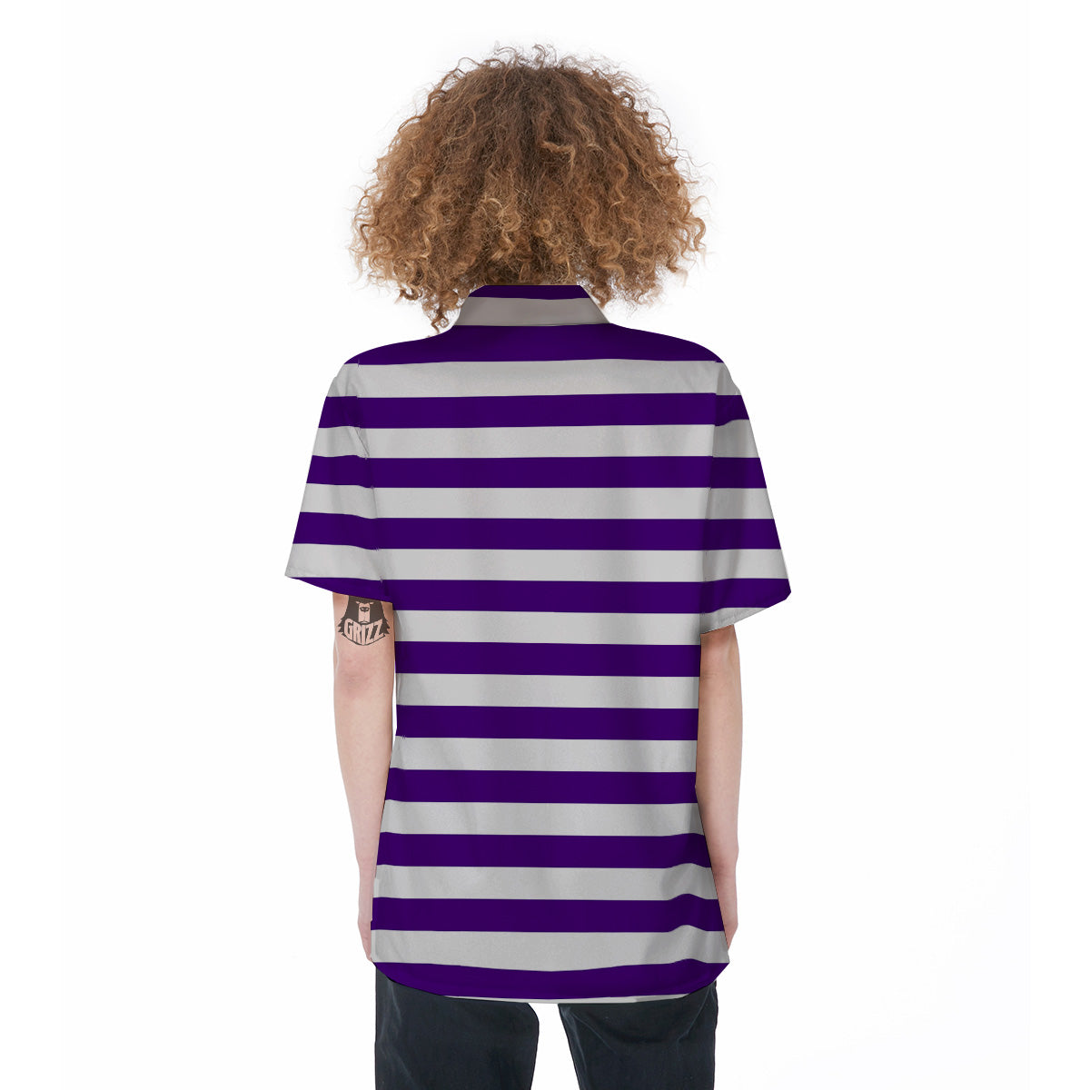 Purple Color Striped Print Women's Short Sleeve Shirts-grizzshop