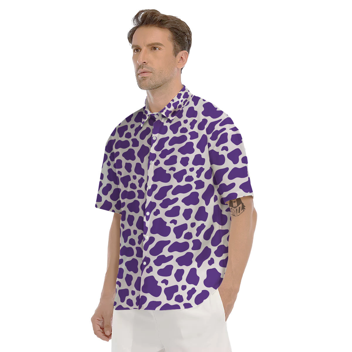 Purple Cow Print Pattern Men's Short Sleeve Shirts-grizzshop