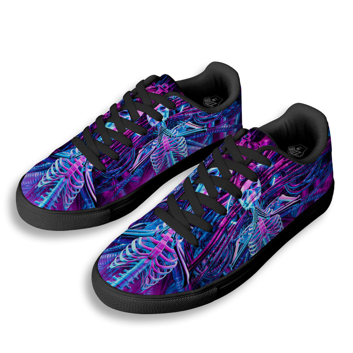 Purple Cyber Skeleton Print Black Low Top Sneakers-grizzshop