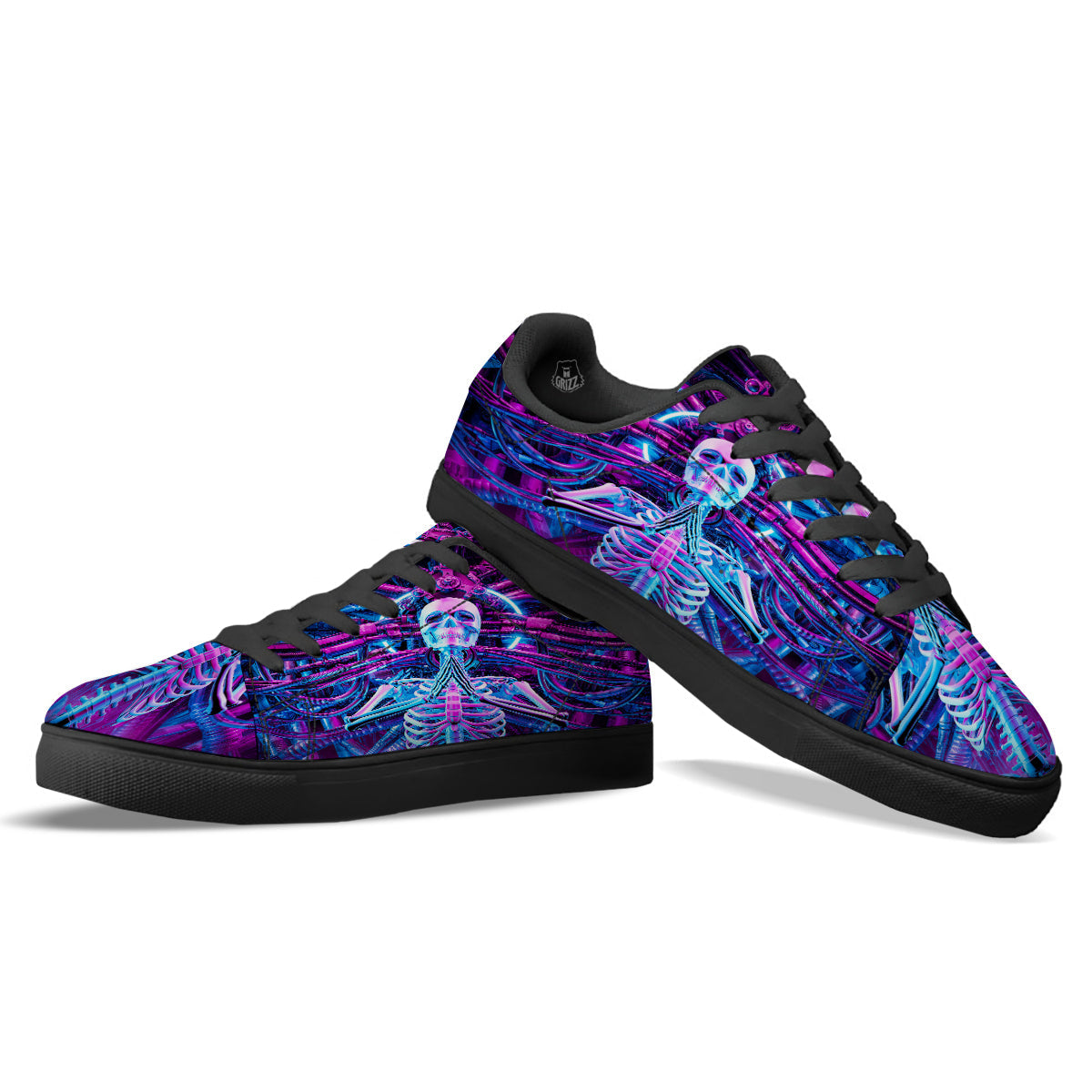 Purple Cyber Skeleton Print Black Low Top Sneakers-grizzshop