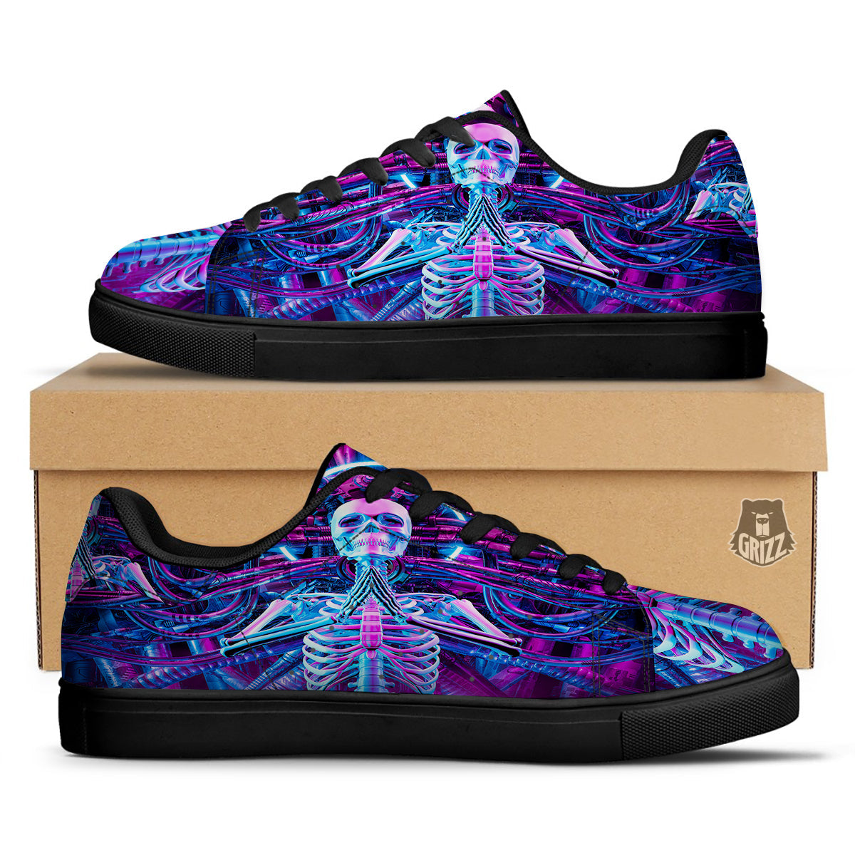 Purple Cyber Skeleton Print Black Low Top Sneakers-grizzshop