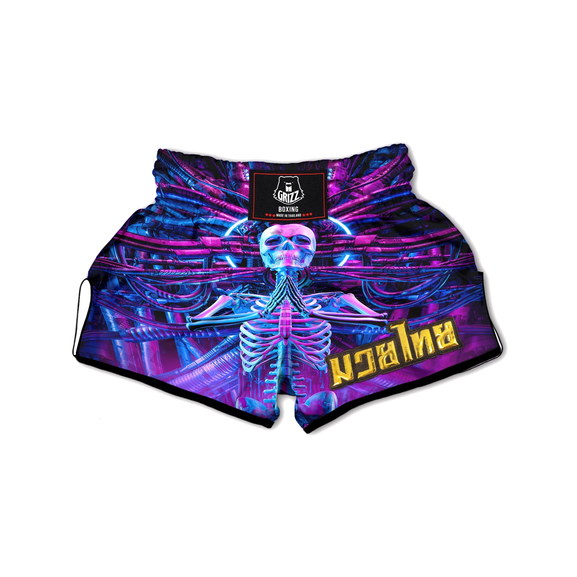 Purple Cyber Skeleton Print Muay Thai Boxing Shorts-grizzshop