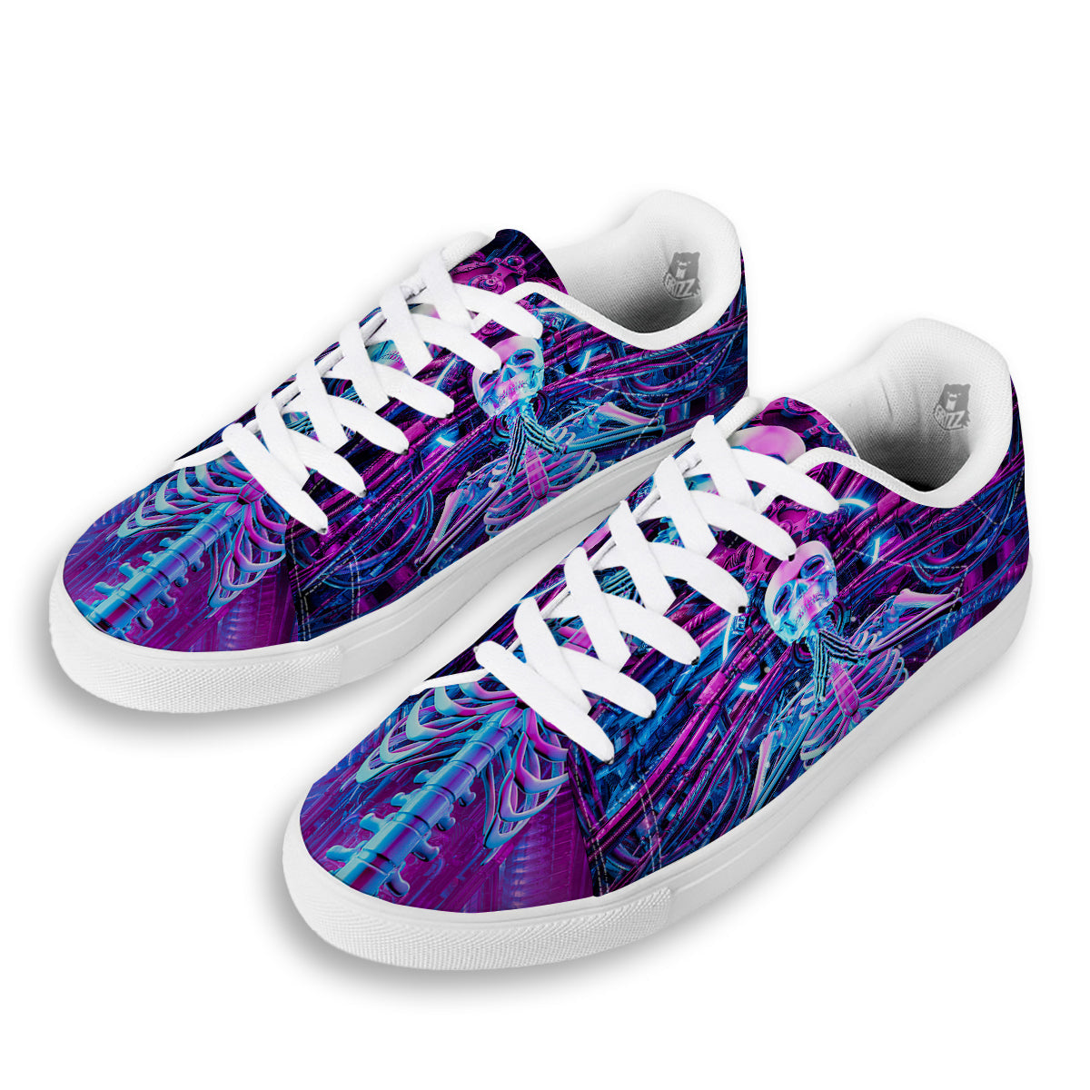Purple Cyber Skeleton Print White Low Top Sneakers-grizzshop