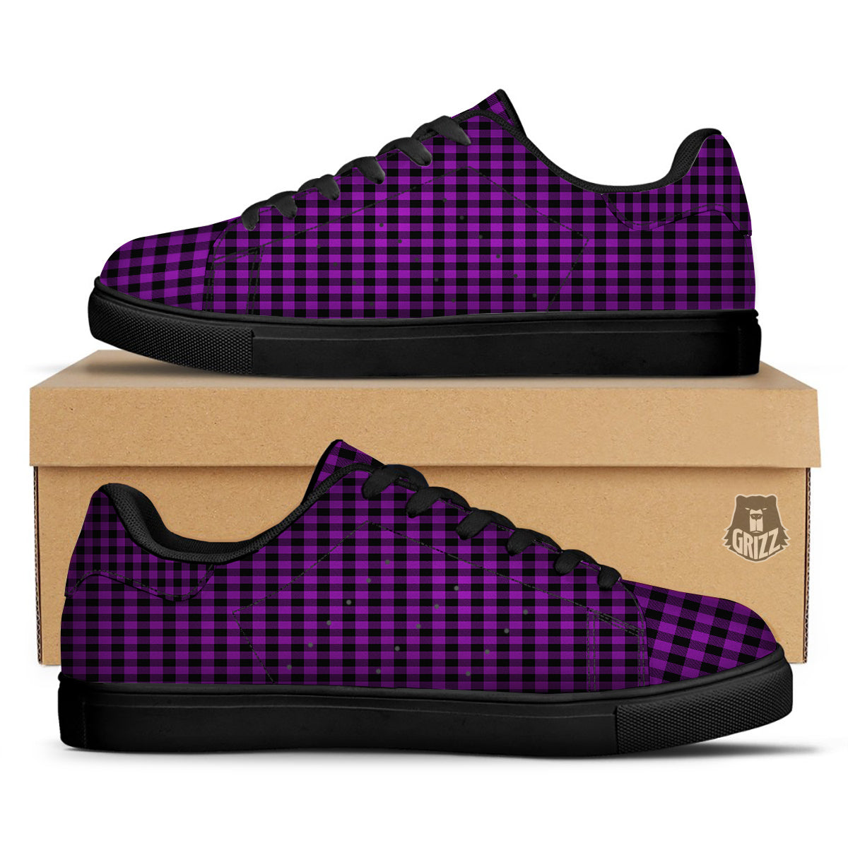 Purple Dark Check Print Pattern Black Low Top Sneakers-grizzshop
