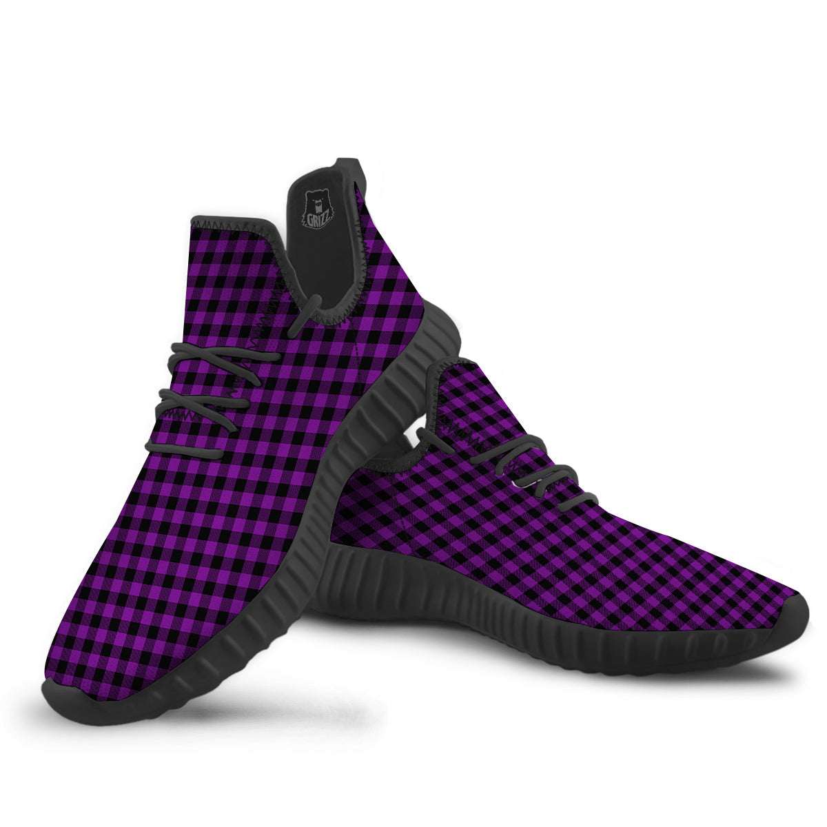 Purple Dark Check Print Pattern Black Walking Shoes-grizzshop
