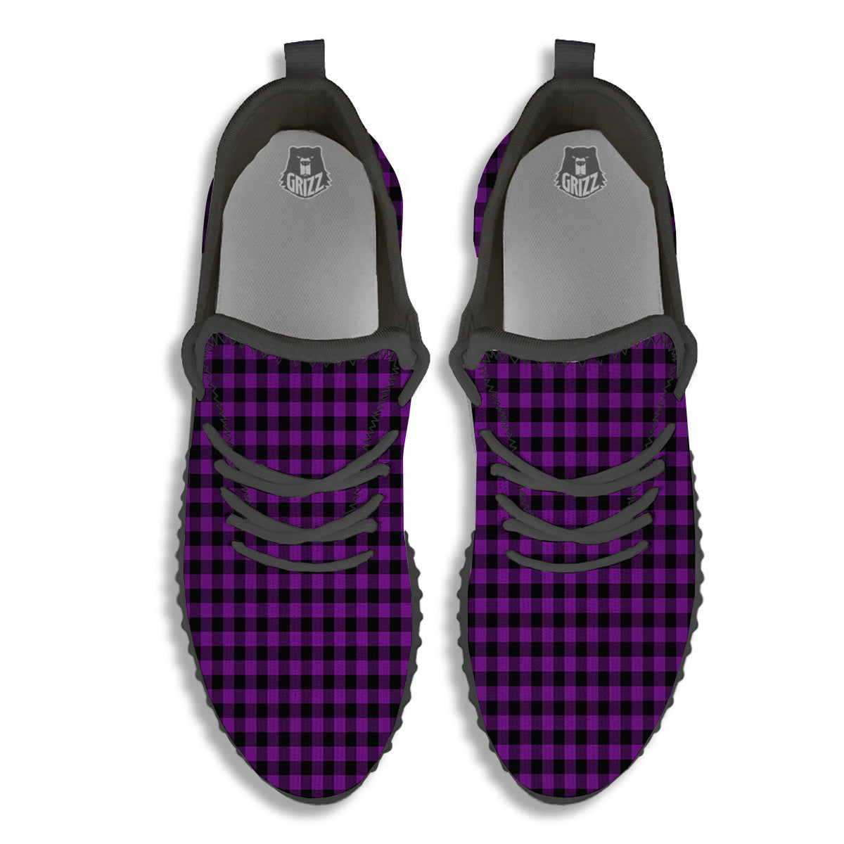 Purple Dark Check Print Pattern Black Walking Shoes-grizzshop
