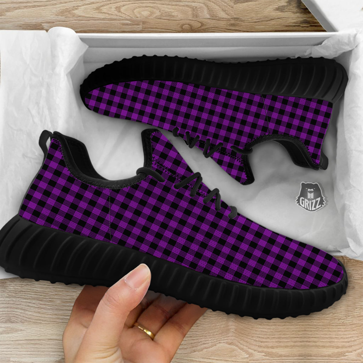 Purple Dark Check Print Pattern Black Walking Shoes-grizzshop