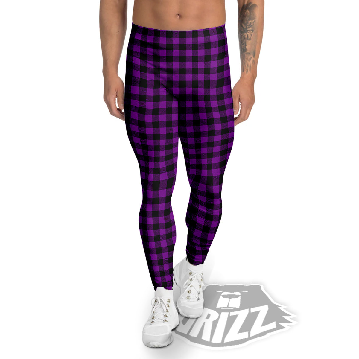 Purple Dark Check Print Pattern Men's Leggings-grizzshop