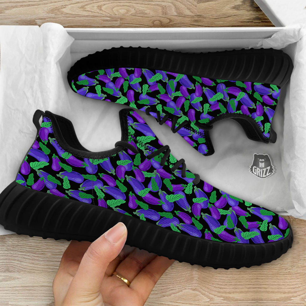 Purple Eggplant Print Pattern Black Walking Shoes-grizzshop