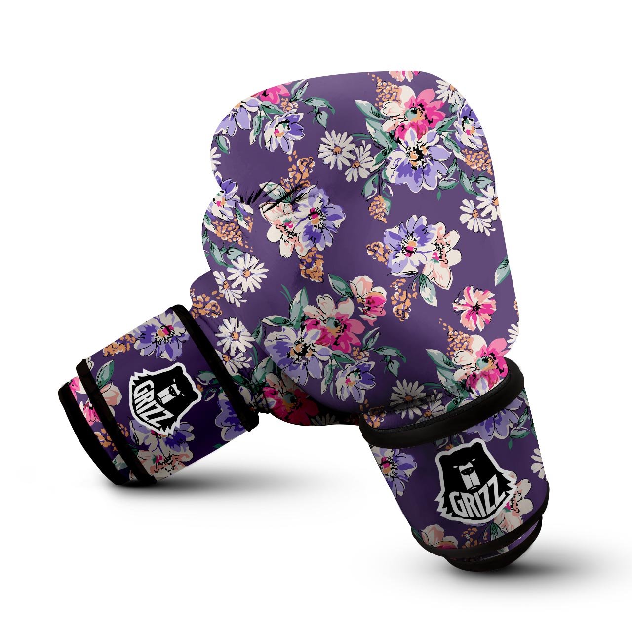 Purple Floral Print Boxing Gloves-grizzshop