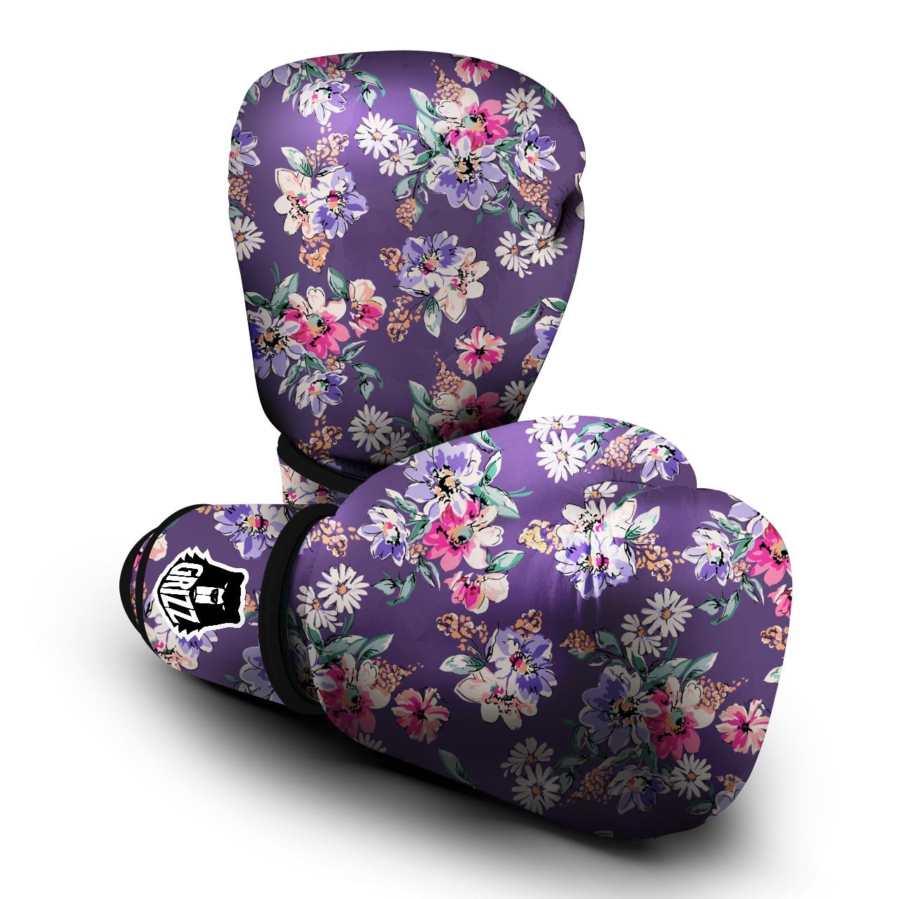 Purple Floral Print Boxing Gloves-grizzshop