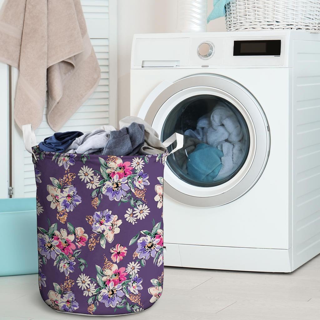 Purple Floral Print Laundry Basket-grizzshop