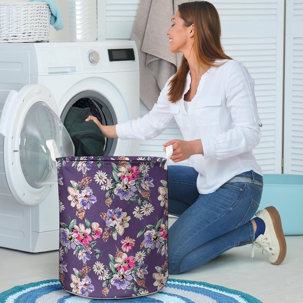 Purple Floral Print Laundry Basket-grizzshop