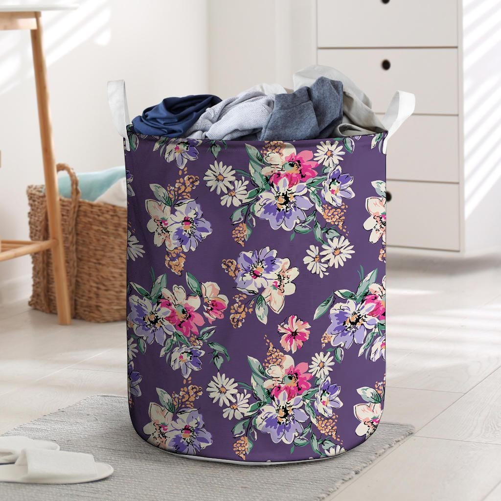 Purple Floral Print Laundry Basket-grizzshop
