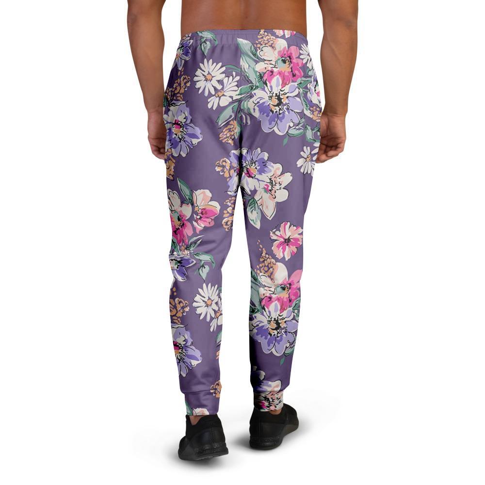 Purple Floral Print Men's Joggers-grizzshop