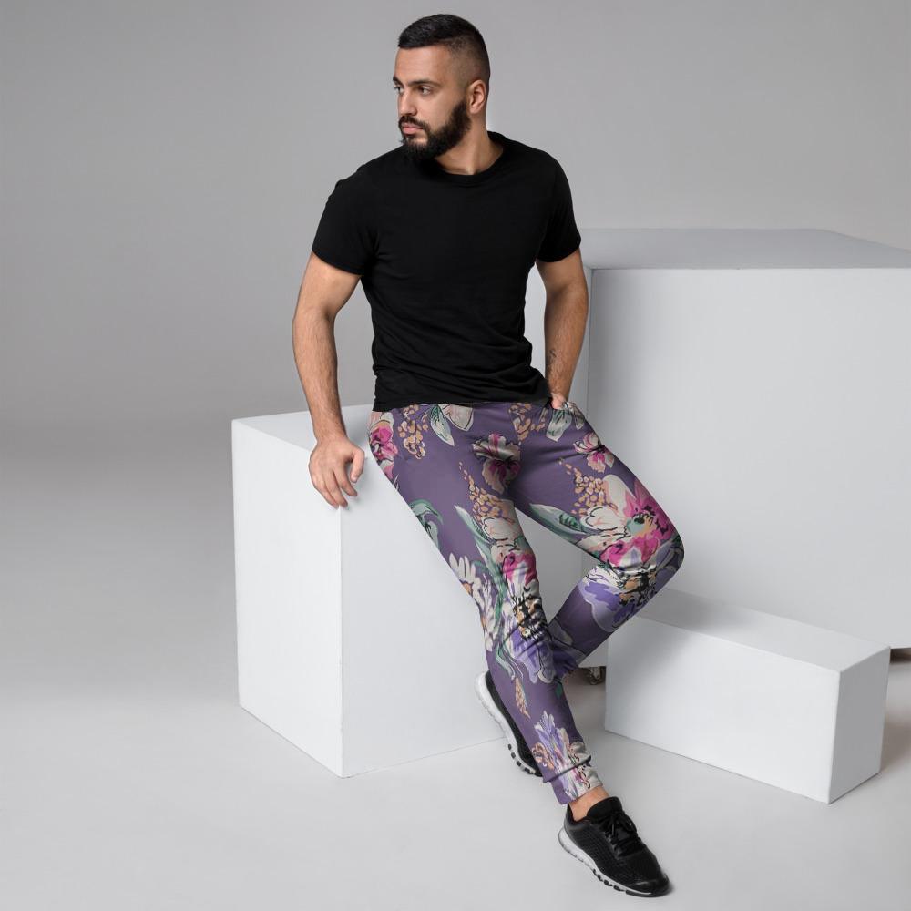 Purple Floral Print Men's Joggers-grizzshop