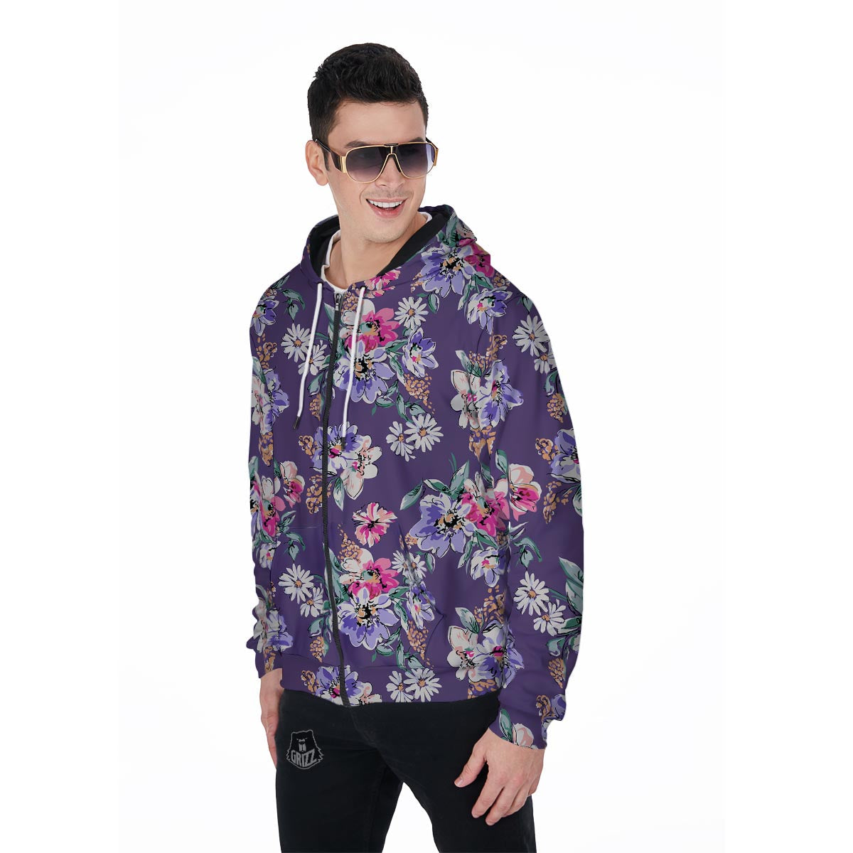 Purple Floral Print Men's Zip Up Hoodie-grizzshop