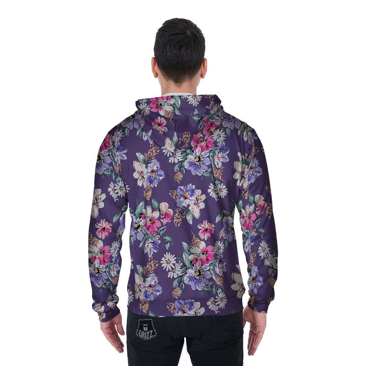 Purple Floral Print Men's Zip Up Hoodie-grizzshop